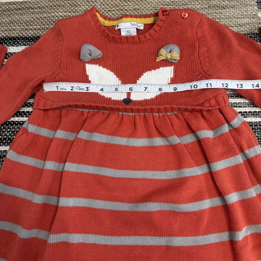 Nula Bug Sweater Dress Girls 5 Orange Gray Striped Fox Knit Long Sleeve Cute Bow